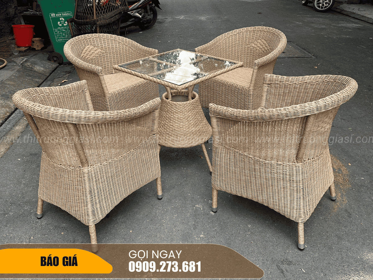 Bàn ghế cafe chân sắt sơn tĩnh điện đan tay