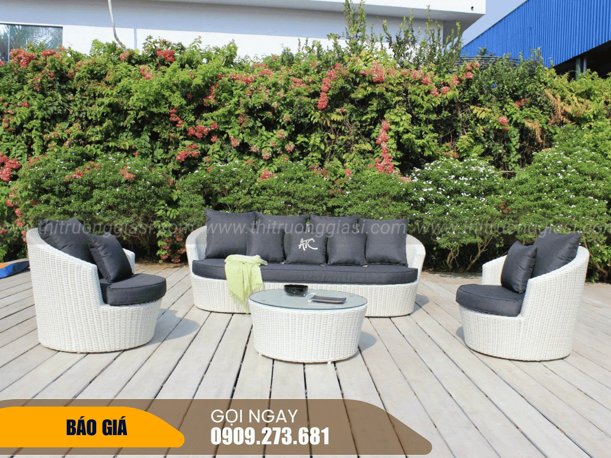 Bàn ghế giả mây nhựa màu trắng